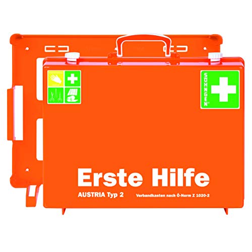 Söhngen Erste-Hilfe-Koffer Austria Typ 2 (Erste-Hilfe-Kasten, Unterteilung, Wandbefestigung, gefüllt, Wundverbände, SIRIUS Rettungsdecke, 20 Jahre sterile Verpackung) orange, 0390155