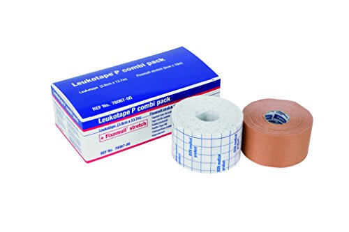 Leukotape P Combi Pack Kombinationssatz von 3,8 cm x 13,7 m Leukotape und 5cm x 10m Fixomull Stretch-Tape, Patella Taping Set für Knie Stabilität und Support, Knieband für femoropatellaren