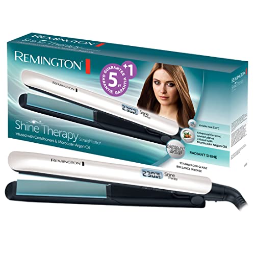 Entdecke das Remington S8500 Glätteisen! ✨ Erlebe den strahlenden Glanz dank hochwertiger Keramik, Arganöl & Vitamin E. Perfekte Styling-Temperaturen von 150-230°C! #Haarglätter #ShineTherapy #Remington