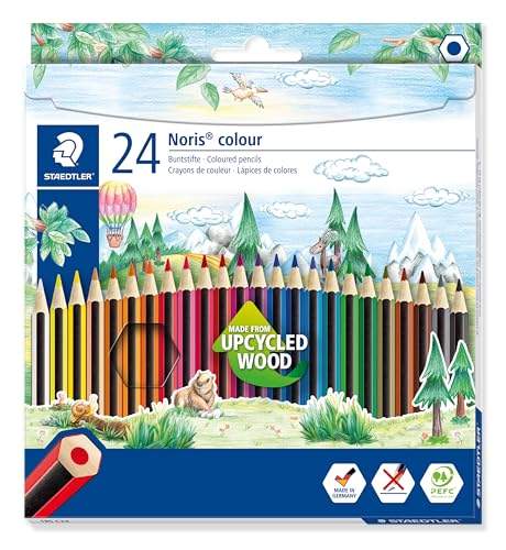 📍 **STAEDTLER Buntstifte Noris colour, rutschfeste Soft-Oberfläche, hohe Bruchfestigkeit, Made from Upcycled Wood, intensive Farben, Sechskantformat, 24 Farbstifte im Kartonetui, 185 C24**