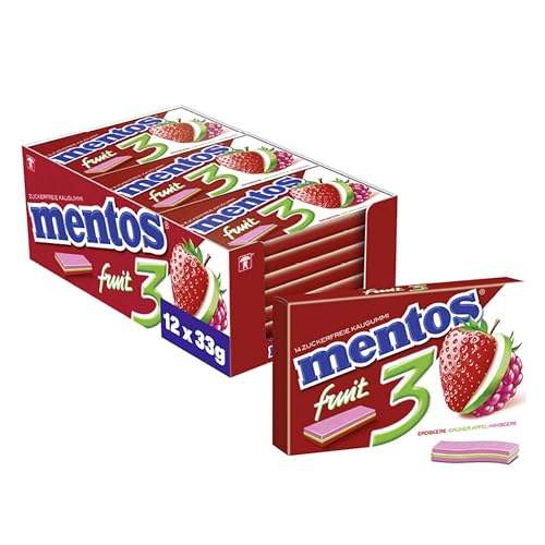 Mentos Kaugummi Fruity Fresh Erdbeere - Grüner Apfel - Himbeere, zuckerfreie Chewing Gum Dragees mit Frucht-Geschmack, 12er Multipack (12 x 33 g)