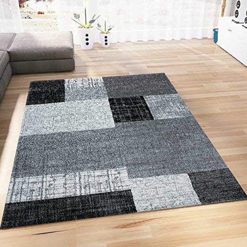 VIMODA Teppich Wohnzimmer Kurzflor Designer Teppiche in Schwarz Grau Weiß Kachel-Optik Kariert Pflegeleicht, Maße:80x150 cm