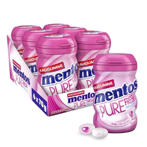 Mentos Kaugummi Pure Fresh Bubble Cool, 6 Boxen zuckerfreie Chewing Gum Dragees mit Frucht-Geschmack & flüssiger Füllung, Multipack (6 x 70g)