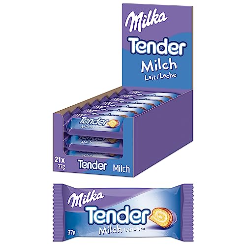 Milka Tender Milch 21 x 37g, Biskuit-Rolle mit Milchcrèmefüllung und Vollmilchschokolade