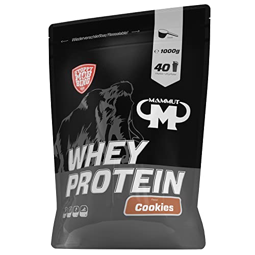 Mammut Nutrition Whey Protein Pulver Cookies – 1kg – 27g Protein pro Portion – Eiweißpulver mit hohem BCAA-Anteil – Perfekte Löslichkeit in Wasser & Milch – Ideale Zwischenmahlzeit