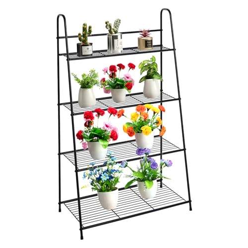 DOEWORKS Metall Blumenregal Pflanzenständer mit 4 Ablagen Blumentreppe Blumenständer für Outdoor Indoor Balkon Garten, 120x72.5x34cm(HxBxT), Schwarz