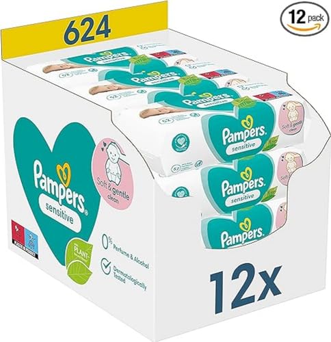 Pampers Sensitive Feuchttücher 12 Packungen mit 52 Stück - 624 Feuchttücher, ohne Duft, für eine sanfte und weiche Reinigung