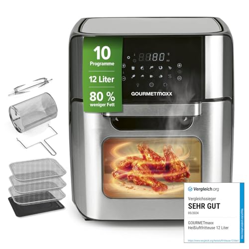 📍 **GOURMETmaxx Digitale Heißluftfritteuse 12 L, XXL-Edelstahl-Ofen | Airfryer + Timer, Touchdisplay, Drehspieß | fettarm, energiesparend frittieren | 10 Programme inkl. Pizza | 1800 W**