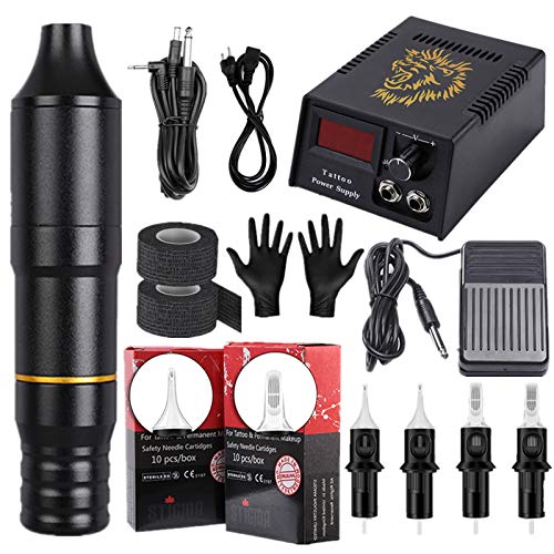 GJXJY Tattoo Maschine Pen Set Komplett Tätowiermaschine Set Profi mit 20 Stück verstellbaren Tattoo-Nadeln Digitales Netzteil Starker Motor