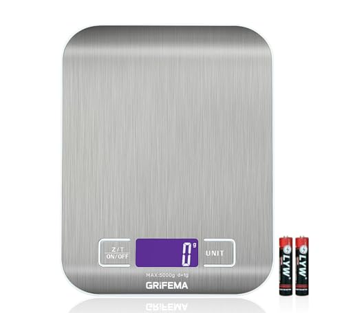 📍 **GRIFEMA Kitchen Scales Stainless Steel High Precision 1g-5000g Digital Scales with LCD Display, Tare Function, 6 Units, Batteries Included, Blue**