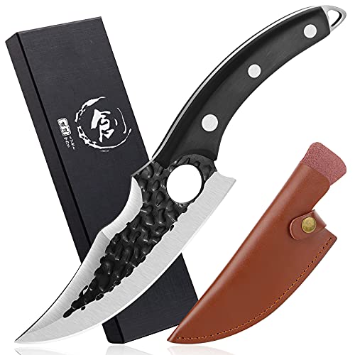 Dream Reach Ausbeinmesser Fleischerbeil Handgeschmiedete Hammer Textur Klinge Outdoor-Messer Kochmesser Full Tang gebogener Griff Metzger Fleisch Filetiermesser Hackmesser mit Lederscheide Geschenkbox