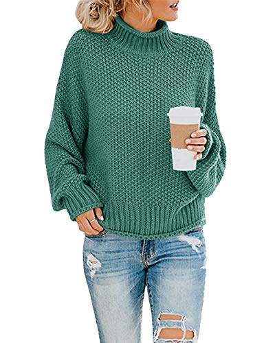 "Stylischer Damen Rollkragenpullover für den Winter – Elegant und bequem! Immer im Trend mit unserem imuedaen Grobstrickpullover in Dunkelgrün. #Mode #Winterfashion #DamenPulli"