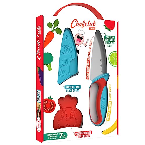 "Entdecke das sichere Kochvergnügen für Kinder! 🍳🔪 Chefclub Kids Messer: Mit Fingerschutz, Klingenschutz und ergonomischem Griff in Blau und Rot. #KinderKochen #SichereKüchenhilfen"