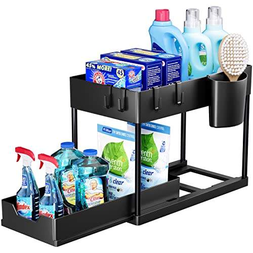 📍 **Puricon Under Sink Shelf, 2 Tiers Standing Shelf, Kitchen Worktop Shelf Organiser, Multifunctional Kitchen Shelf, Spice Rack, Under Cabinet Shelf, Dishwasher Shelf, Black**