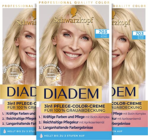 Schwarzkopf Diadem 3 in 1 Pflege-Color-Creme 703 Platin Blond Stufe 3 (3 x 170 ml), permanente Haarfarbe, Haarpflege-Formel für gesund aussehende Ergebnisse, 100 % Grauabdeckung