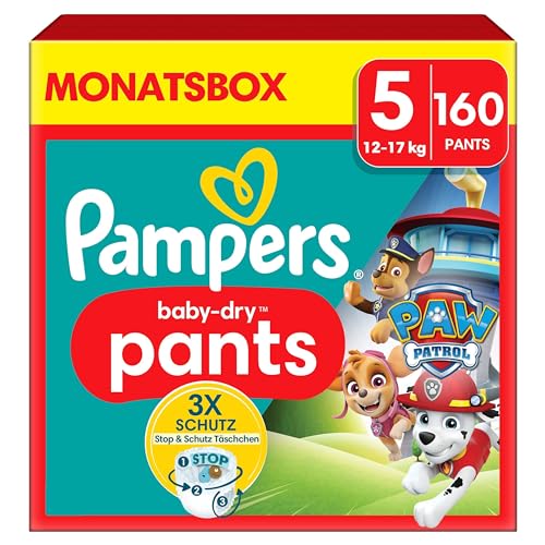 🍼 Entdecke die MONATSBOX: 160 Pampers Windeln Paw Patrol Pants Größe 5 (12-17kg) für ultimativen Schutz! Bequem, sicher & mit Stop-Täschchen. #Pampers #Windeln #PawPatrol #BabyDry