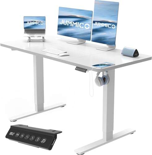 „Entdecke den JUMMICO Höhenverstellbaren Schreibtisch: Ergonomischer Steh-Sitz Tisch für optimalen Komfort! ⚡️ Elektrisch verstellbar, 120x60cm in elegantem Weiß. #Ergonomie #HomeOffice #Stehpult“