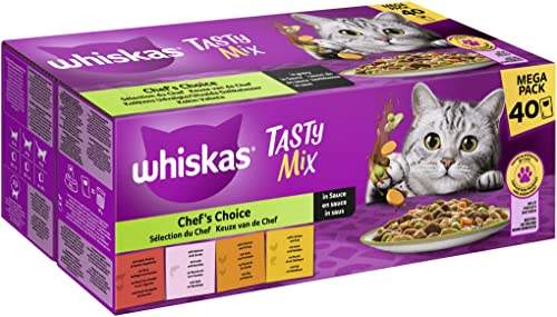 📍 **Whiskas 1+ Katzenfutter Tasty Mix Chef´s Choice in Sauce, 40x85g (1 Packung) – Hochwertiges Nassfutter für ausgewachsene Katzen in 40 Portionsbeuteln**