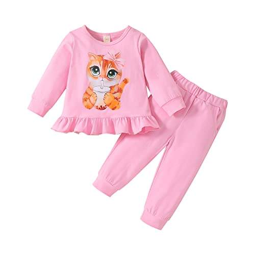 puseky Baby Mädchen Outfit Set 1-5 Jahre Kleidung Cartoon Langarm Ruffle Shirt Hose Girl Sweatshirt+Hose+Stirnband Set