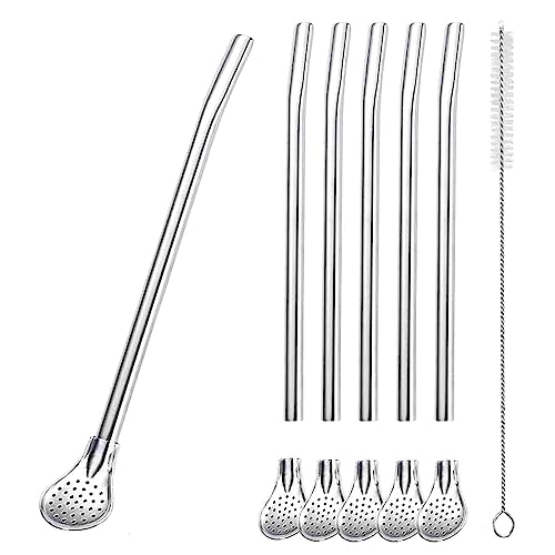 6er Set Edelstahl Trinkhalme löffel, Wiederverwendbare, spülmaschinengeeignete Trink-Löffel, 2 in 1 Strohhalm & Löffel ideal als Latte Macchiato und Cocktail-Löffel