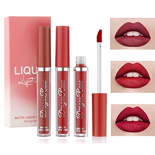 3 Farben Matt Lippenstift Set,Wasserdicht Matt Flüssiger Lippenstift Langanhaltender Lip Tint,Antihaft-Cup Lipgloss Flüssiger Lippenstift für Make-up Kosmetik Flüssigkeit Lippenstift Geschenkset