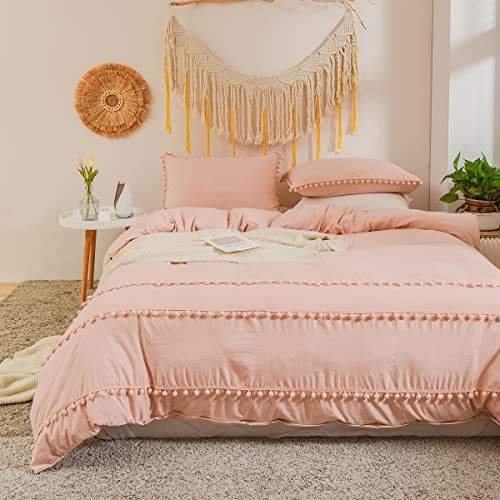 Freyamy Böhmen Bettwäsche 200x200cm 3teilig Hellrosa Rosa Pom Pom Boho Chic Bettwäsche Gewaschene Microfaser Bettwaren-Sets Weiche Bettbezug mit Reißverschluss und 2 Kissenbezug 80x80cm