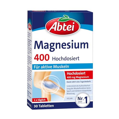 Abtei Magnesium 400 - hochdosiertes Magnesium - für aktive Muskeln - glutenfrei, laktosefrei und vegan - 30 Tabletten