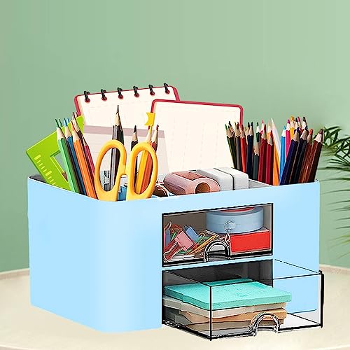 Apomkjoe Schreibtisch Organizer Blau Stifthalter Schreibtisch Kinder Stifte Desk Organizer Schreibtisch Zubehör mit 5 Fächer und 2 kleine Schubladen