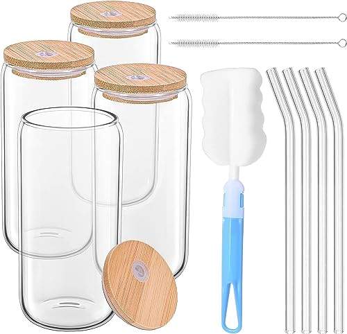 Revivoer Cocktailgläser Gläser Set, 4 PCS 500 ml Iced Coffee Glass in Dosenform, Trinkbecher mit Deckel Ideal für Eiskaffee und Cocktails Longdrinkglas Eiskaffee Gläser Glas Set