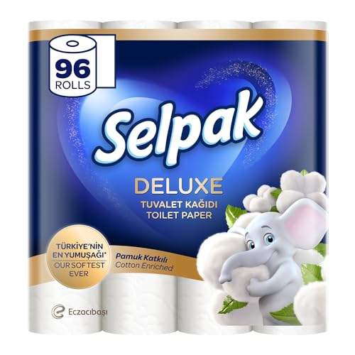 Selpak Deluxe Toilettenpapier 3-lagig, 4160 Blatt Klopapier Mit Baumwollfasern, Extra Weich und Stark, Toilet Paper, Wc Papier, 96 Rollen (3 x 32 Rollen)