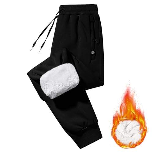 Imuedaen Jogginghose Herren Winter Fleece Gefüttert Warme Trainingshose Fleece Plüsch Gefüttert Jogger Hose Sweatpants Winterhose Traininghose mit Tasche (AA Schwarz, L)