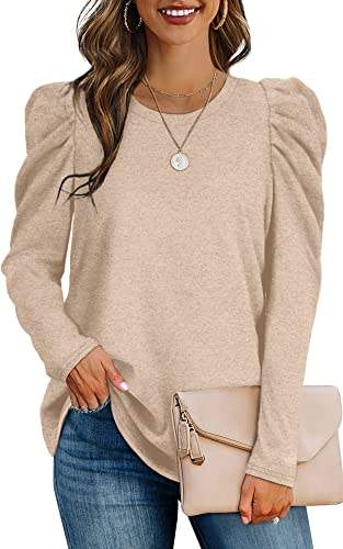 Aokosor Pullover Damen Puffärmel Oberteile Casual Rundhals Sweatshirt Elegant Basic Langarmshirt für Herbst Winter Khai S