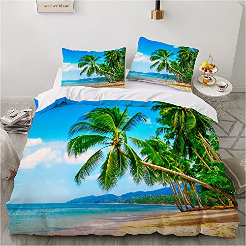 Damier Bettwäsche 200x200 Strand Meer 3D Bettbezug Set Blau Grün Beach Bettwäsche Weich Mikrofaser Bettwäsche 3 Teilig für Deko Geschenk Hawaii Strand mit Reißverschluss und 2 Kissenbezüge 80x80 cm