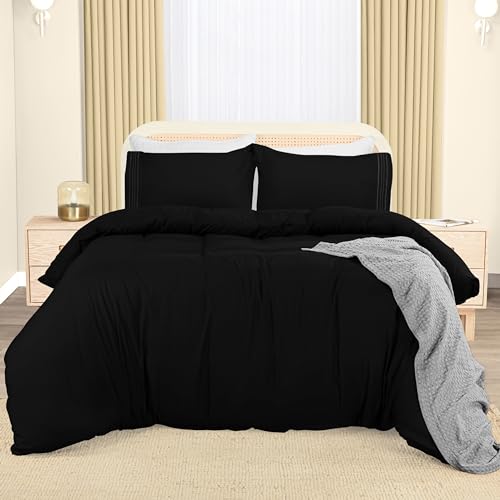 Utopia Bedding Bettwäsche 200x200 Set - Mikrofaser Bettbezug 200x200 cm + 2 Bestickte Kissenbezüge 50x75 cm - Schwarz