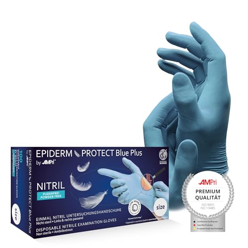 AMPri Nitrilhandschuhe, Low Derma, hellblau, 100 Stück/Box, Größe XL, puderfrei, Epiderm Protect Blue Plus by Med-Comfort: Nitril Einmalhandschuhe, Einweghandschuhe in den Größen XS, S, M, L, XL