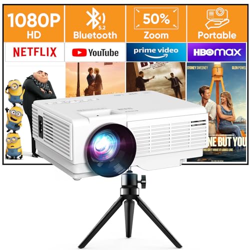 Mini Beamer mit Stativ, YOOYAA Bluetooth Beamer Full HD 1080P, Tragbar Video Projektor mit 50% Zoom, Outdoor/Heimkino Beamer für Handy Phone, Kompatibel mit Smartphone/HDMI/USB/Fire TV Stick