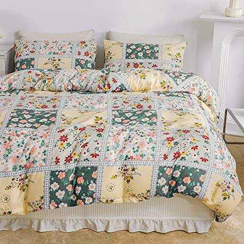 Freyamy Blumen Bettwäsche 200x200cm 3teilig Gelb Bunt Vintage Drucken Bettwaren-Sets Gebürstet Microfaser Weiche Bettwäsche Mädchen Bettbezug mit Reißverschluss und 2 Kissenbezug 80x80cm