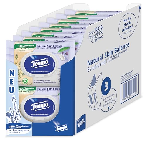 Tempo Feuchte Toilettentücher Natural Skin Balance -16 Packungen mit je 42 Tüchern - Mit Panthenol und Kräuterextrakt - Herunterspülbar