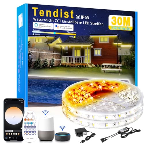 TENDIST 30M LED Strip Aussenbereich Warmweiß bis Kaltweiß Einstellbar, 24V Wasserdicht Alexa Kompatibel Weiß Led Band, Außen LED Lichtschlauch für Küche, Pavillon Beleuchtung