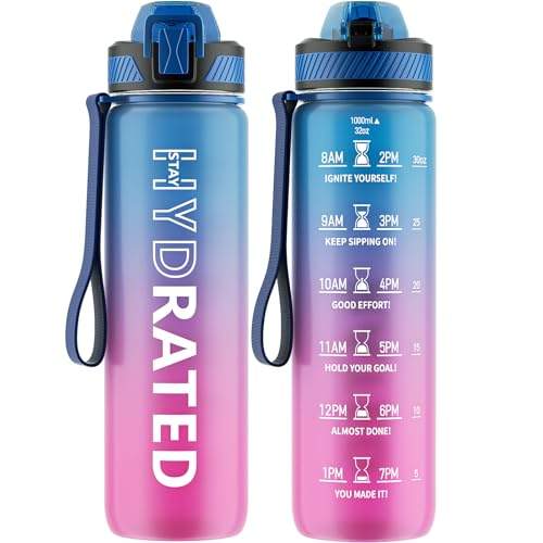 📍 **QLUR Trinkflasche, 1L/800ML BPA-Frei Tritan Wasserflasche mit Strohhalm, Trinkflasche Sport Auslaufsicher mit Zeitmarkierung und Bürste, Sportflasche für Fitness, Schule, Yoga, Outdoor(1 Flasche)**