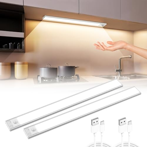 COOLNIGHT Unterbauleuchte Küche LED, [2 Stück]+USB Wiederaufladbar Unterschrank Beleuchtung Küche,90 LED Sehr Hell Unterbauleuchte Küche LED Akku+LED Schrankbeleuchtung mit Bewegungsmelder+Magnetisch