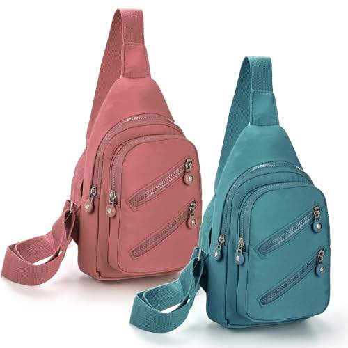 YOUEON 2 Stück Sling Bag für Frauen, Kleine Brusttasche, Umhängetasche, Sling-Rucksack für Arbeit, Reisen, Wandern, Outdoor, Pink & Grün