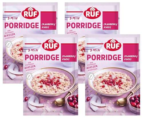 RUF Porridge Cranberry Kokos, gefriergetrocknete Cranberrys, zarte Kokosflocken, 4x65g Beutel, einfacher Müsli Snack