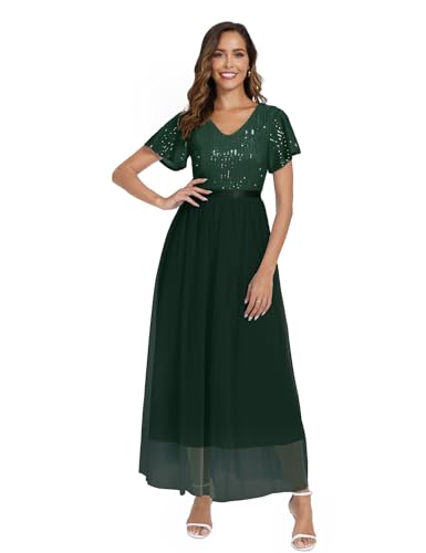 "Elegantes Dunkelgrün Damen Ballkleid von Dressystar: Maxi Abendkleid mit V-Ausschnitt & funkelnden Pailletten - Perfekt für Geburtstage & Partys! #Ballkleid #Abendkleid #Dressystar"