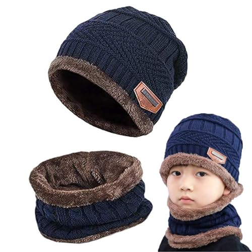 Gxlaihly Wintermütze für Kinder,Kinder Winter Warm Beanie Mütze und Loop Schal Schlauchschal Set,Kinder Wintermütze Beanie Hut,Wintermütze und Schal-Set für Jungen Mädchen von 6-15 Jahren (Blau)