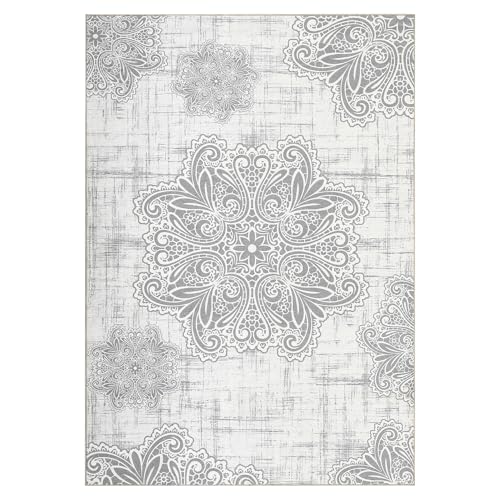 LuxFocus Floral Teppich Muster Vintage Teppich Wohnzimmer Kurzflor Maschinenwaschbar Küchenteppich rutschfest Innen-Teppich Bodenbelag Orientalische Bodenmatte Faltbar Hellgrau 80x150 cm