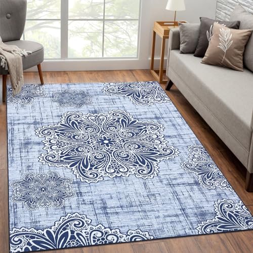 LuxFocus Teppich Wohnzimmer Kurzflor Blumen Teppich Innen rutschfest Maschinenwaschbar Teppich für Schlafzimmer Esszimmer Ultra-Weich Bodenmatte Vintage Teppich Blau 120x170 cm