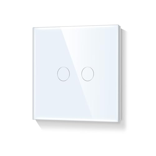 LIAONFOY 2 Fach 1 Wege Touch Schalter Glas Panel Wandleuchtenschalter Sensor Touchscreen Weiß mit Glasrahmen 110-240V 86mm Neutrale Linie erforderlich