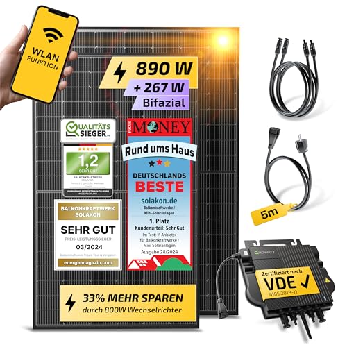 📍 **Solakon® 890W Balkonkraftwerk - Balkonkraftwerk 800W komplett Steckdose - neuester 800 Watt Wechselrichter - Solaranlage Komplettset - 445W bifaziale Solarmodule inkl. Zubehör - 5m Kabel**