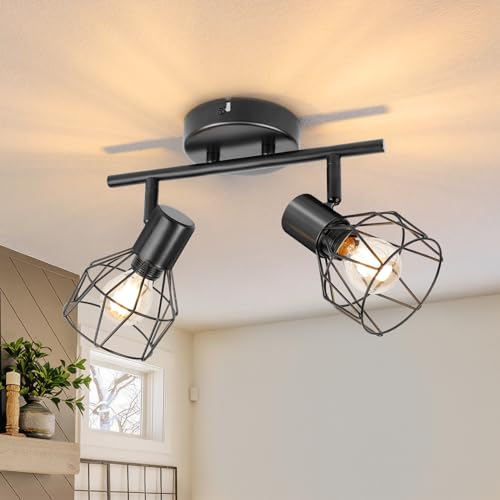 Dehobo Led Deckenstrahler Schwenkbar 350° - Deckenleuchte E14 2 Flammig Rund - Deckenlampe Spots Led Schwarz - Küchenlampe Wohnzimmerlampe Deckenspot Schlafzimmer